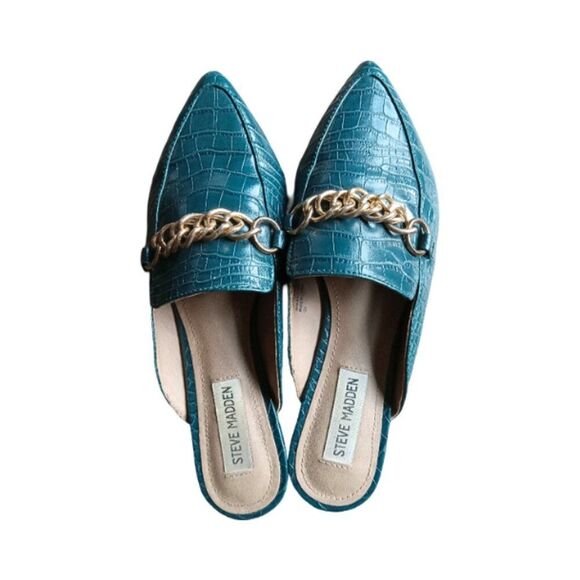 Steve Madden Chain Mule Loafers Size 6.5M Turquoise Crocodile Pointed Toe Flats - Picture 4 of 10
